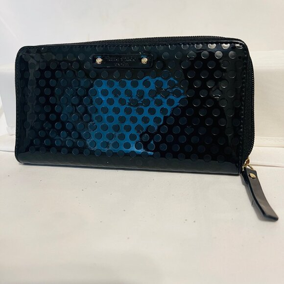 Kate Spade-Shiny Black/Hot Pink-Zip Up Large Wallet-Classy-Polka Dots-Casual - Picture 1 of 16